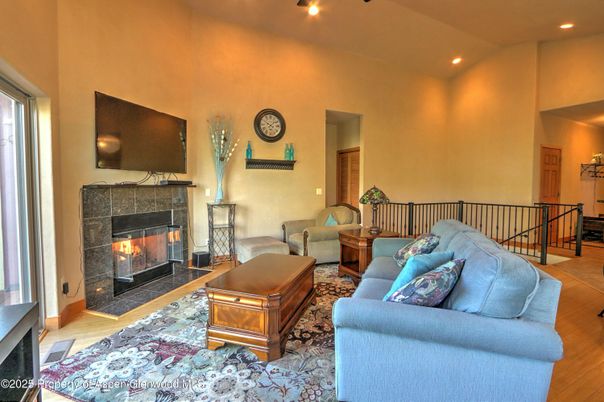 Fireplace, Interior, Living room, Recessed Lighting, Wood Texture Flooring