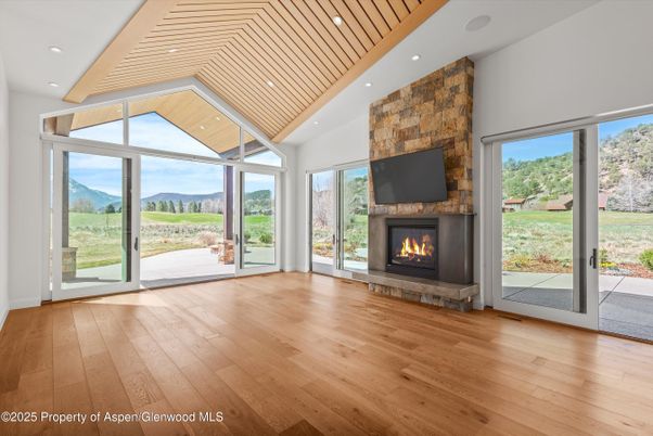 Empty room, Fireplace, Interior, Recessed Lighting, Wood Texture Flooring