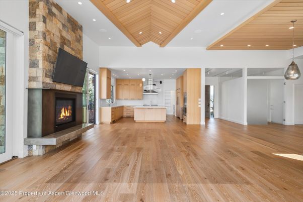Fireplace, Interior, Kitchen, Pendant Lights, Recessed Lighting, Stone Walls, Wooden Ceilings, Wood Texture Flooring