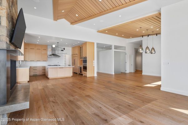 Interior, Kitchen, Pendant Lights, Recessed Lighting, Stainless Steel Appliances, Wooden Ceilings, Wood Texture Flooring