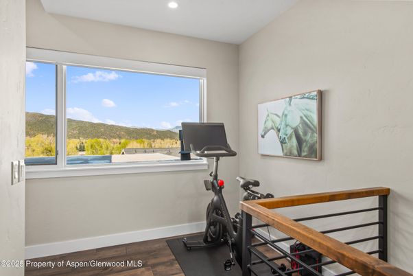 Fitness Equipment, Home Office, Interior, Recessed Lighting, Wood Texture Flooring