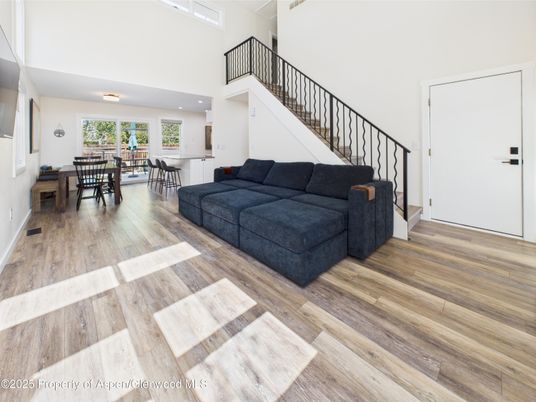 Dining room, Interior, Living room, Recessed Lighting, Wood Texture Flooring