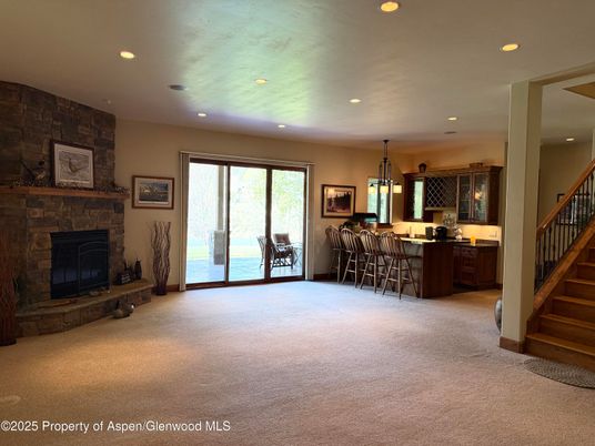 Fireplace, Interior, Kitchen, Pendant Lights, Recessed Lighting, Stone Walls