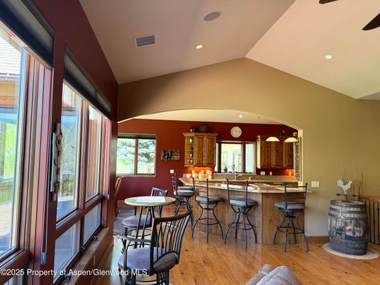 Dining room, Interior, Recessed Lighting, Wood Texture Flooring
