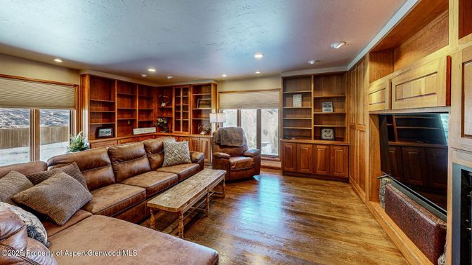 Fireplace, Interior, Living room, Recessed Lighting, Wood Texture Flooring
