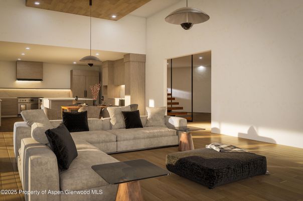 Interior, Kitchen, Living room, Pendant Lights, Recessed Lighting, Wooden Ceilings, Wood Texture Flooring