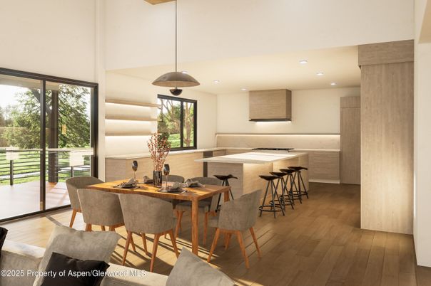 Dining room, Interior, Pendant Lights, Recessed Lighting, Wood Texture Flooring