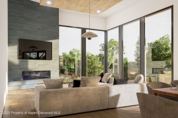 Fireplace, Interior, Living room, Pendant Lights, Recessed Lighting, Wooden Ceilings, Wood Texture Flooring