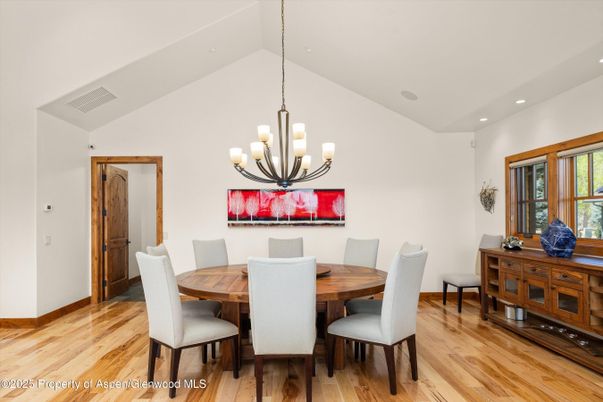 Chandelier, Dining room, Interior, Recessed Lighting, Wood Texture Flooring