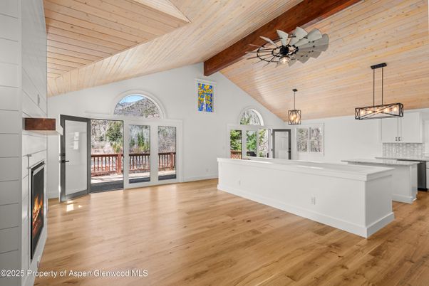 Chandelier, Empty room, Interior, Kitchen, Pendant Lights, Wooden Beams, Wooden Ceilings, Wood Texture Flooring