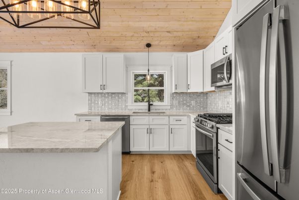Interior, Kitchen, Pendant Lights, Stainless Steel Appliances, Wooden Ceilings, Wood Texture Flooring