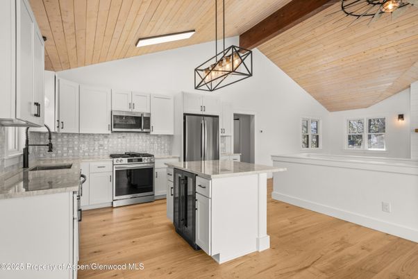 Interior, Kitchen, Pendant Lights, Stainless Steel Appliances, Wooden Beams, Wooden Ceilings, Wood Texture Flooring