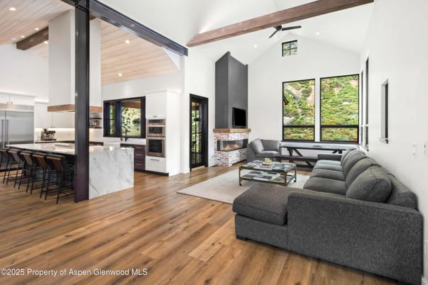 Fireplace, Interior, Kitchen, Living room, Recessed Lighting, Stainless Steel Appliances, Wooden Beams, Wooden Ceilings, Wood Texture Flooring
