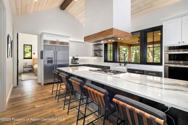 Interior, Kitchen, Recessed Lighting, Stainless Steel Appliances, Wooden Beams, Wooden Ceilings, Wood Texture Flooring