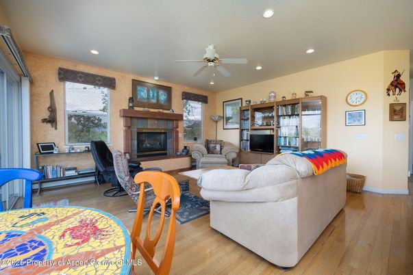 Fireplace, Interior, Living room, Recessed Lighting, Wood Texture Flooring