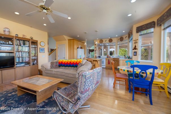Dining room, Interior, Kitchen, Living room, Pendant Lights, Recessed Lighting, Wood Texture Flooring