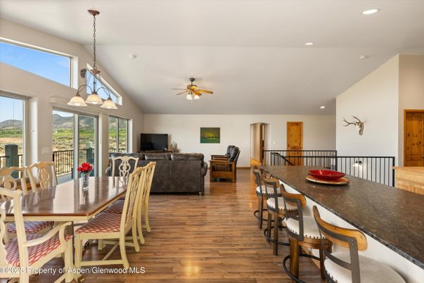 Dining room, Interior, Living room, Pendant Lights, Recessed Lighting, Wood Texture Flooring