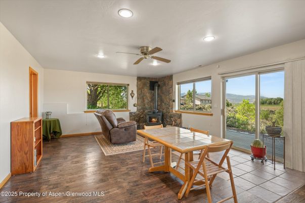 Dining room, Fireplace, Interior, Recessed Lighting, Wood Texture Flooring