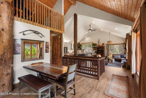 Dining room, Interior, Kitchen, Living room, Pendant Lights, Recessed Lighting, Wooden Beams, Wooden Ceilings, Wood Texture Flooring