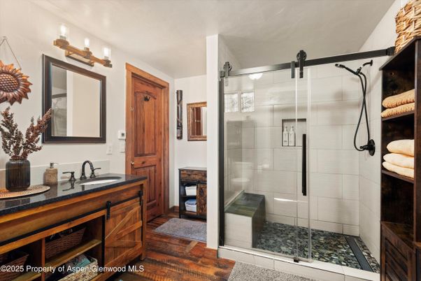 Bathroom, Glass Shower, Interior, Wood Texture Flooring