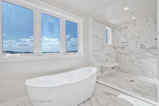 Bathroom, Free Standing Baths, Interior, Marble, Marble Walls, Recessed Lighting