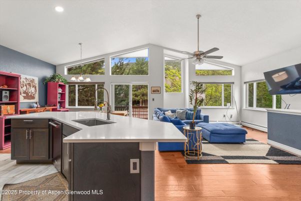 Interior, Kitchen, Living room, Pendant Lights, Recessed Lighting, Wood Texture Flooring
