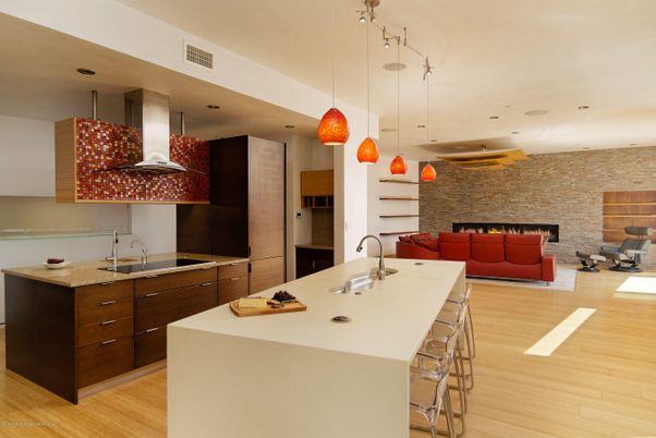 Fireplace, Interior, Kitchen, Living room, Pendant Lights, Recessed Lighting, Stone Walls, Wood Texture Flooring