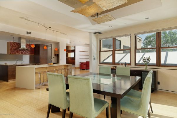 Dining room, Interior, Kitchen, Pendant Lights, Recessed Lighting, Wood Texture Flooring