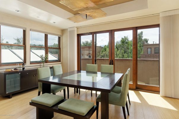 Dining room, Interior, Recessed Lighting, Wood Texture Flooring