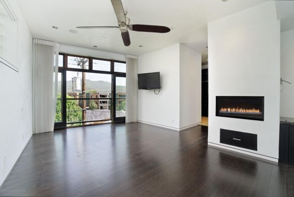 Empty room, Fireplace, Interior, Recessed Lighting, Wood Texture Flooring