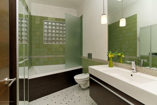 Bathroom, Glass Shower, Interior, Pendant Lights