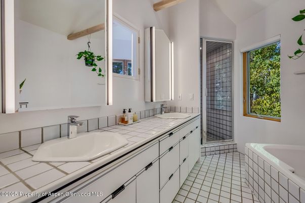 Bathroom, Dual Sink Vanities, Interior, Tile Countertops, Wooden Beams