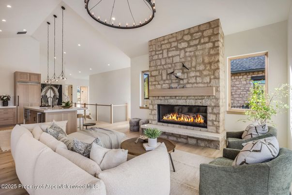 Fireplace, Interior, Kitchen, Living room, Pendant Lights, Recessed Lighting, Stone Walls, Wood Texture Flooring