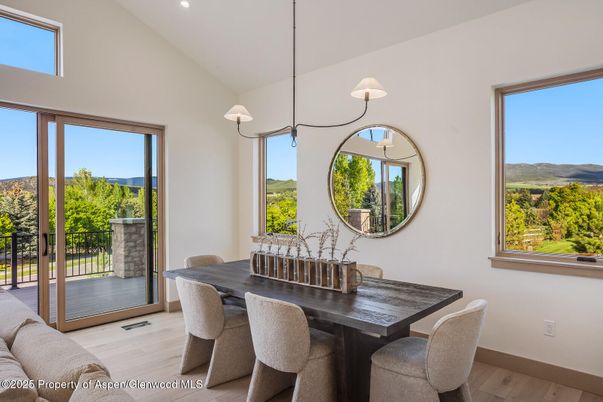 Dining room, Interior, Pendant Lights, Recessed Lighting, Wood Texture Flooring