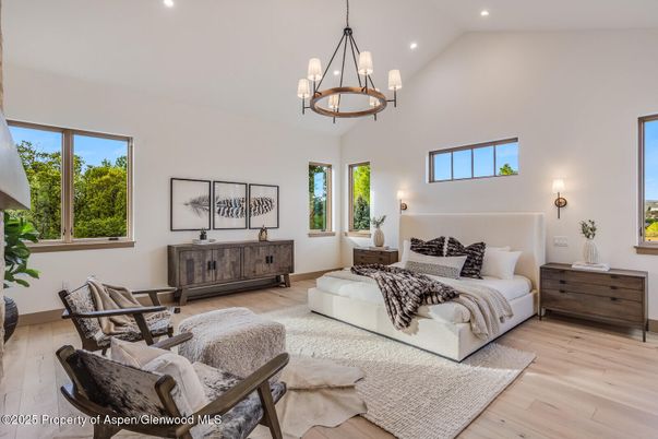 Bedroom, Chandelier, Interior, Pendant Lights, Recessed Lighting, Wood Texture Flooring
