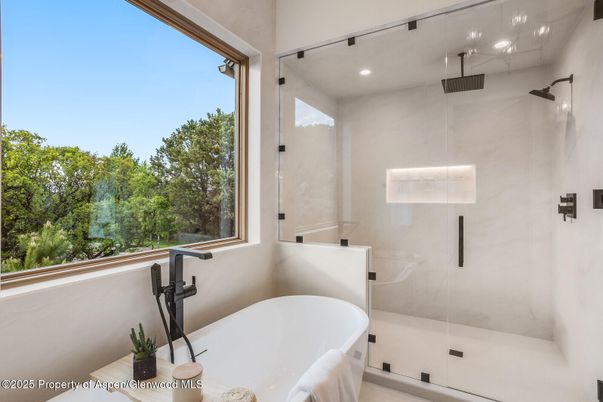 Bathroom, Free Standing Baths, Glass Shower, Interior, Recessed Lighting