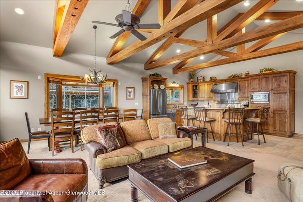 Chandelier, Dining room, Interior, Kitchen, Living room, Pendant Lights, Recessed Lighting, Wooden Beams