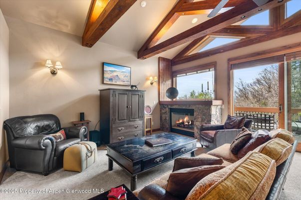 Fireplace, Interior, Living room, Recessed Lighting, Wooden Beams