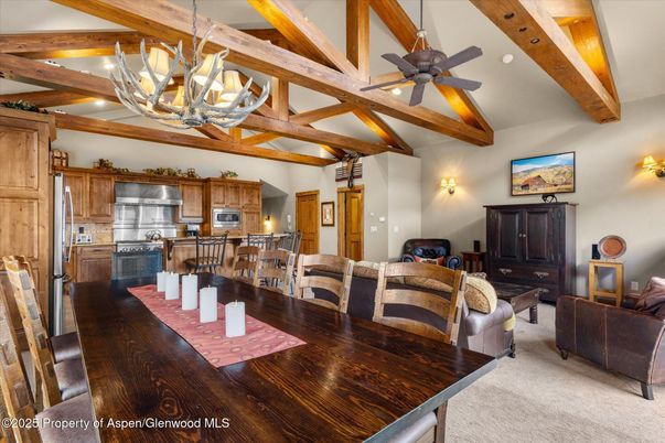 Chandelier, Dining room, Interior, Kitchen, Living room, Stainless Steel Appliances, Wooden Beams