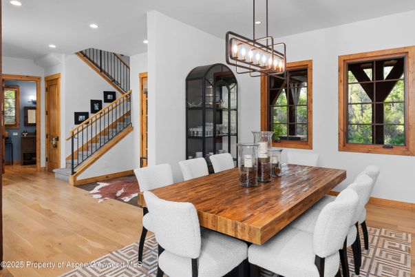 Dining room, Interior, Pendant Lights, Recessed Lighting, Wood Texture Flooring
