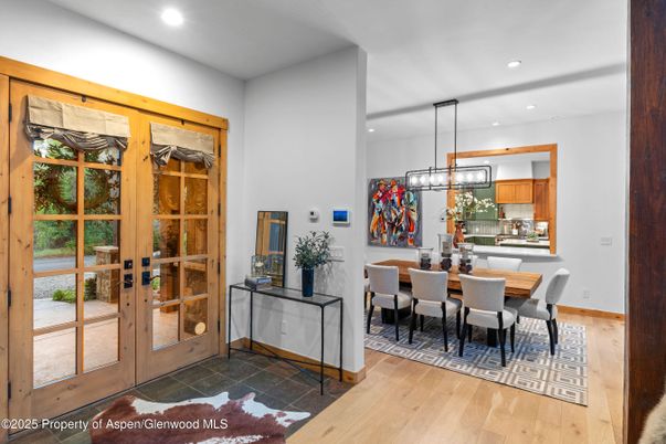 Dining room, Interior, Pendant Lights, Recessed Lighting, Wood Texture Flooring