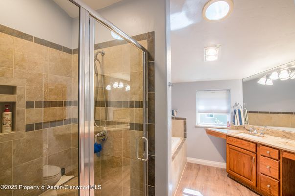 Bathroom, Glass Shower, Interior, Wood Texture Flooring