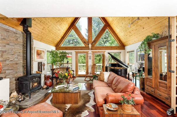 Fireplace, Interior, Living room, Piano, Stone Walls, Wooden Ceilings, Wood Texture Flooring