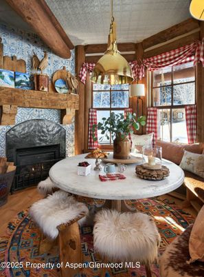 Dining room, Fireplace, Interior, Wooden Beams, Wood Texture Flooring