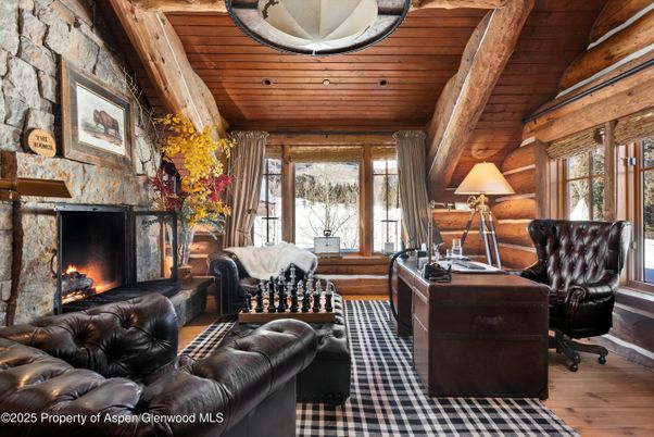 Fireplace, Home Office, Interior, Living room, Stone Walls, Wooden Beams, Wooden Ceilings, Wood Texture Flooring, Wooden Walls