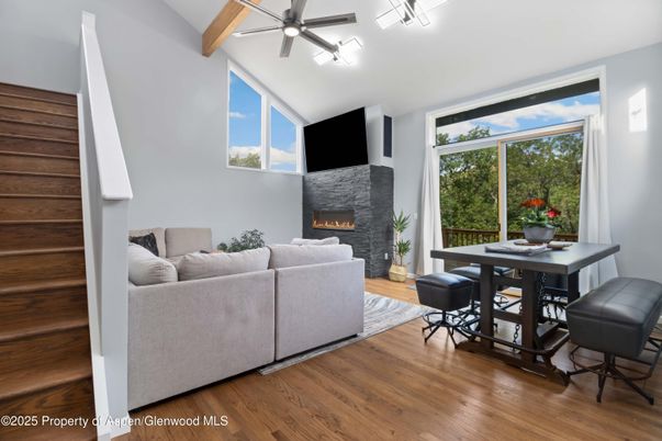 Dining room, Fireplace, Interior, Living room, Wooden Beams, Wood Texture Flooring