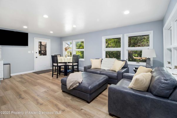 Dining room, Interior, Living room, Recessed Lighting, Wood Texture Flooring