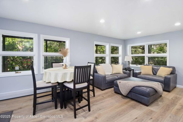 Dining room, Interior, Living room, Recessed Lighting, Wood Texture Flooring