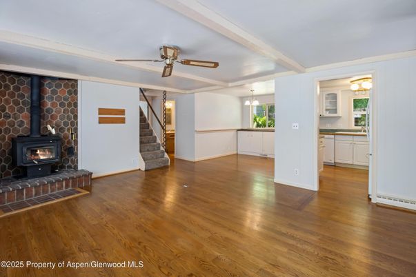 Empty room, Fireplace, Interior, Stone Walls, Wood Texture Flooring