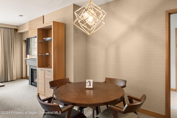 Dining room, Fireplace, Interior, Pendant Lights